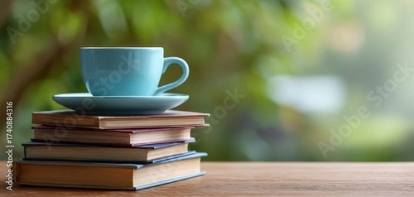 Obraz The Blue Cup on a Stack of Books with Saucer on Wooden Table