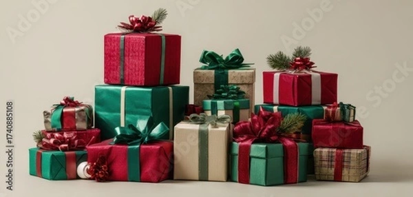 Obraz The gifts wrapped in red and green paper with ribbons and pine accents