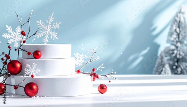 Fototapeta A white podium with snow flakes and white branches with red balls on the background