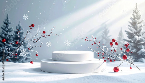 Fototapeta A white podium with snow flakes and white branches with red balls on the background