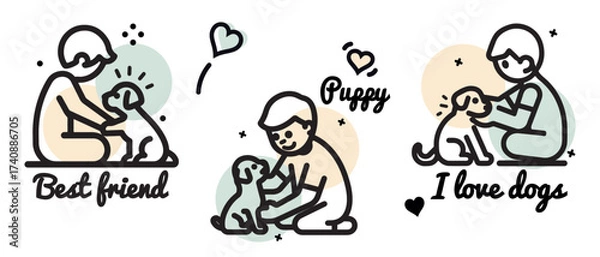 Fototapeta Person And Puppy Line Art For Kids Coloring Pages - Vector Illustrations Set Isolated On White Background