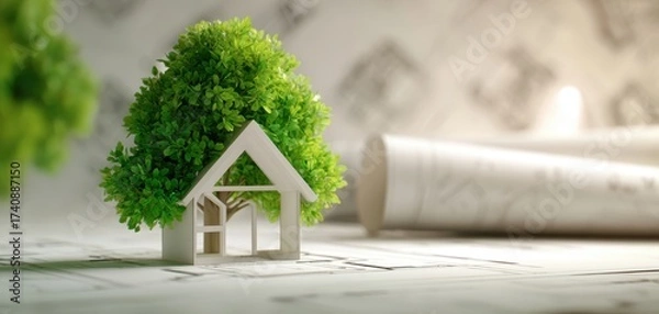 Obraz The House Model and Green Tree on Architectural Blueprint Representing Sustainable Home Design