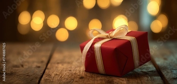 Obraz The Red Gift Box with Gold Ribbon on Rustic Wooden Table and Bokeh Lights
