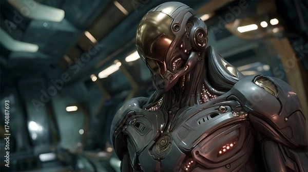 Fototapeta A close-up of a humanoid robot, featuring intricate metalwork and a reflective visor, set against a futuristic backdrop that enhances its technological appeal.
