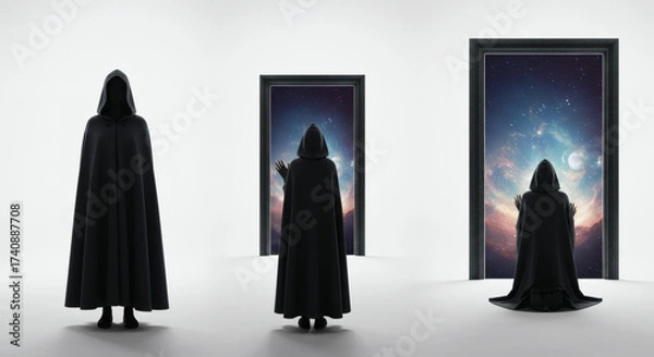 Fototapeta Mysterious figures in cloaks by doors with starry scenes conceptual art
