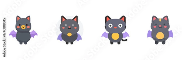 Fototapeta Cute Bat Cats With Purple Wings Icon Set. Adorable Hybrid Creatures For Halloween. Isolated Vector Illustration