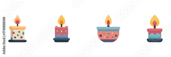 Fototapeta Halloween Candle Icon Set, Cute Cartoon Wax Candles With Burning Flame And Decorative Elements Isolated On Transparent Background