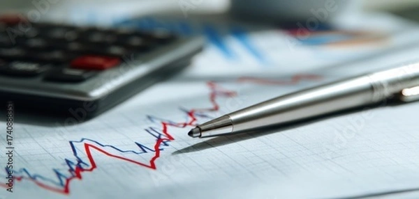 Obraz The Pen on Financial Chart with Calculator Blur and Rising Market Lines