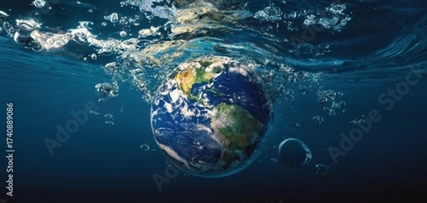 Obraz The Earth Submerged in Water With Splashing Bubbles and Rippling Ocean Surface