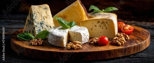 Fototapeta The Cheese Platter of Assorted Artisan Cheeses with Walnuts and Cherry Tomatoes