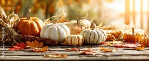 Fototapeta The Pumpkins and Gourds Autumn Harvest Display on Rustic Wooden Table with Sunlight