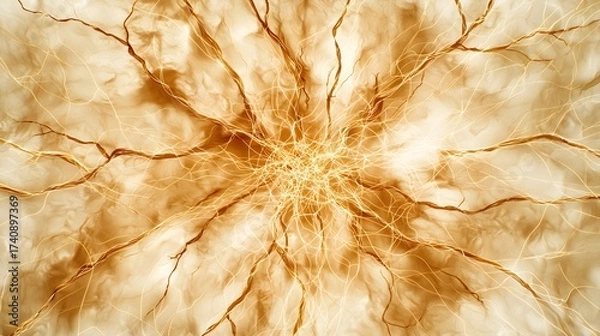 Fototapeta The image shows an abstract, nerve-like pattern with light golden tendrils emanating from a central point, set against a softly textured, golden-toned background giving a dynamic feel.