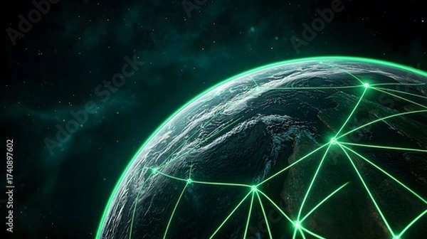 Fototapeta The image features a digitally rendered Earth with bright green lines connecting different points on its surface, set against a backdrop of a green galaxy with stars.