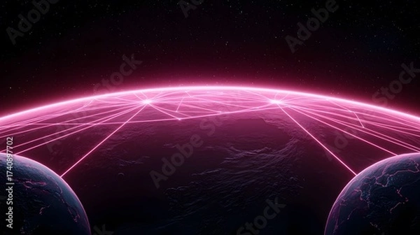 Fototapeta The image shows an interconnected network of pink glowing lines across a dark planet surface, with two more planets visible on either side against a starry background.
