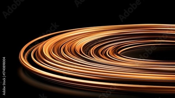 Fototapeta The image showcases a tightly wound coil of lustrous copper tubing, arranged in concentric loops against a stark black backdrop, creating a dynamic and visually striking abstract.