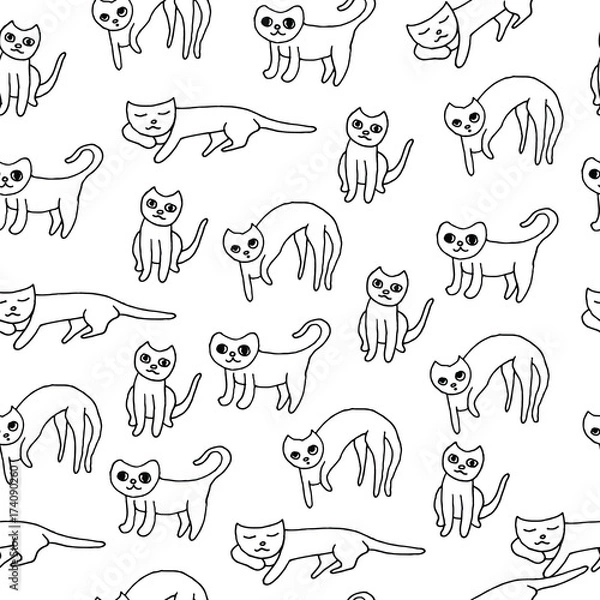 Fototapeta Child drawn cat seamless pattern. Vector graphic art background