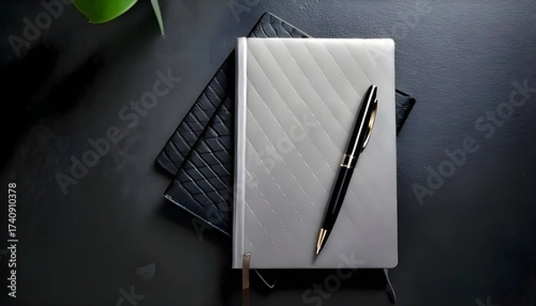 Fototapeta A pile of black and gray books with a pen on a dark black table