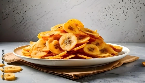 Fototapeta Banana chips on a white plate with a napkin on a white table with a wall background