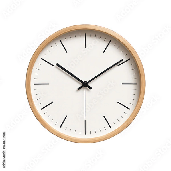 Fototapeta Minimalist Wall Clock with Wooden Frame Isolated on a Pure White Background