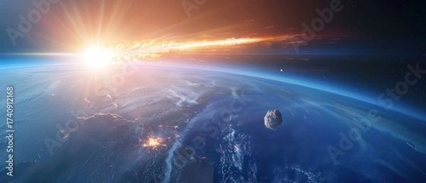 Obraz Earth atmosphere Asteroid fire entering impact warning space danger.