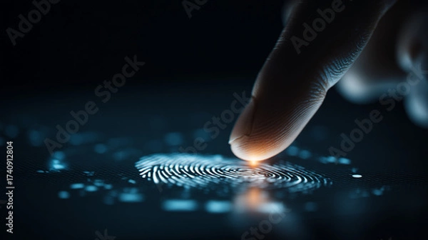 Fototapeta Finger pressing on a fingerprint scanner with glowing light and dark background