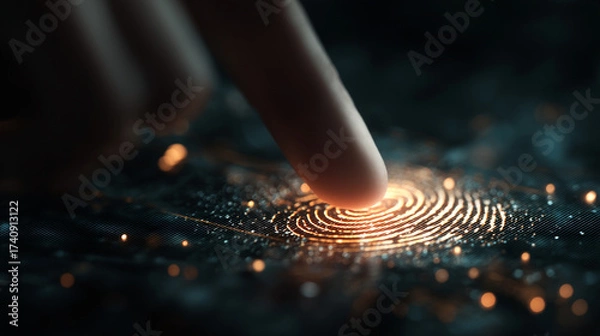 Fototapeta Finger pressing on glowing fingerprint scanner with dark background blur