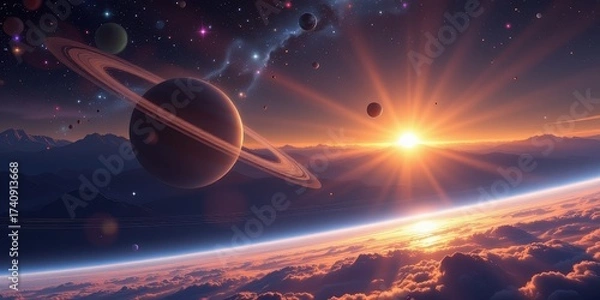 Fototapeta a galaxy vista with planets orbiting smoothly glowing in polished curves under infinite harmony ray