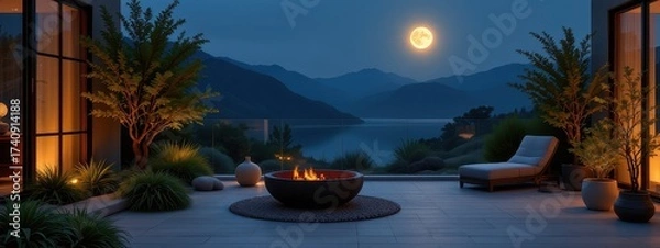 Fototapeta tranquil zen corner glowing with polished trim under moonlight reflecting glossy harmony landscape