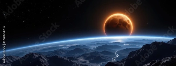 Fototapeta smooth glowing sphere orbiting planet in galaxy vista with reflective harmony motif under moonlight