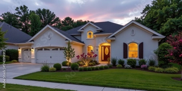 Fototapeta signature project finish with strength glow border suburban residence surrounded by greenery