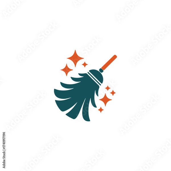 Fototapeta A simple teal and orange illustration of a cleaning brush with sparkles