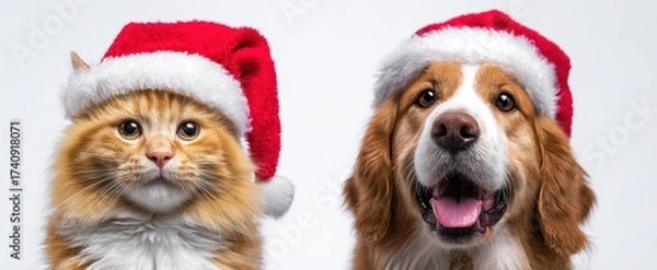 Fototapeta The Cat and Dog Wearing Santa Hats Closeup Holiday Portrait with Festive Expressions