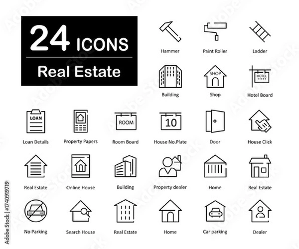 Fototapeta These are 24 beautiful small, pixel perfect real estate interface vector icons.