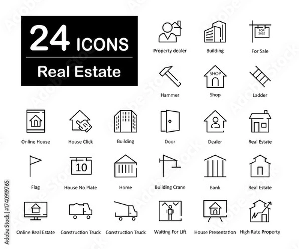 Fototapeta These are 24 beautiful small, pixel perfect real estate interface vector icons.