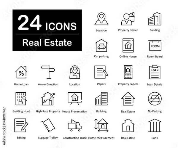 Fototapeta These are 24 beautiful small, pixel perfect real estate interface vector icons.