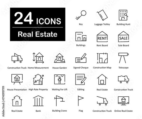Fototapeta These are 24 beautiful small, pixel perfect real estate interface vector icons.