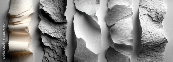 Obraz Vector set of seamless torn paper edges with shadows on white background, realistic ripped borders for text and design projects
