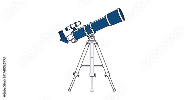 Obraz An illustrated telescope, featuring a blue body and white tripod, set against a clean white background