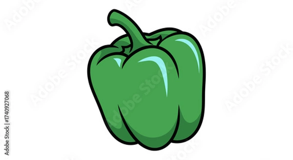 Fototapeta A cartoon green bell pepper with black outlines and light blue highlights on a white background