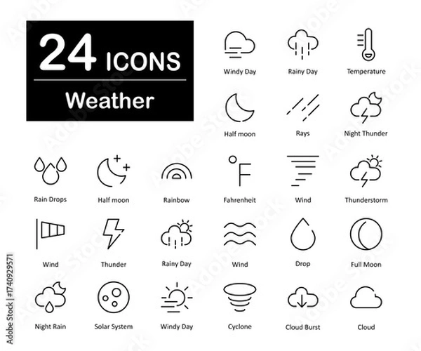 Fototapeta These are 24 beautiful small, pixel perfect weather interface vector icons.