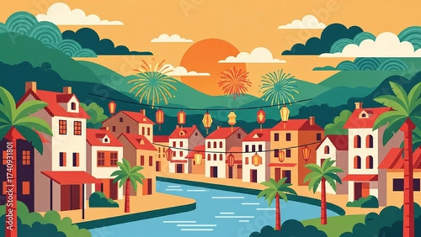 Fototapeta Colorful buildings line the river in a vibrant Vietnamese town during a festive celebration with fireworks and lanterns at sunset, creating a joyful atmosphere.