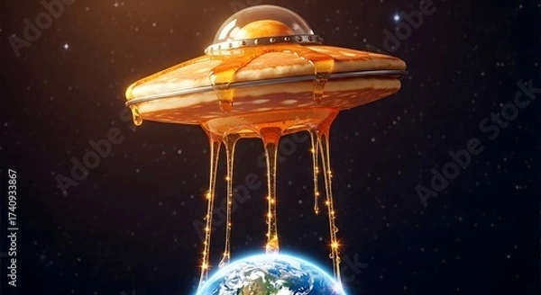 Fototapeta Golden pancake UFO hovers above Earth, dripping luscious honey onto the planet in a whimsical, cosmic culinary event from deep space