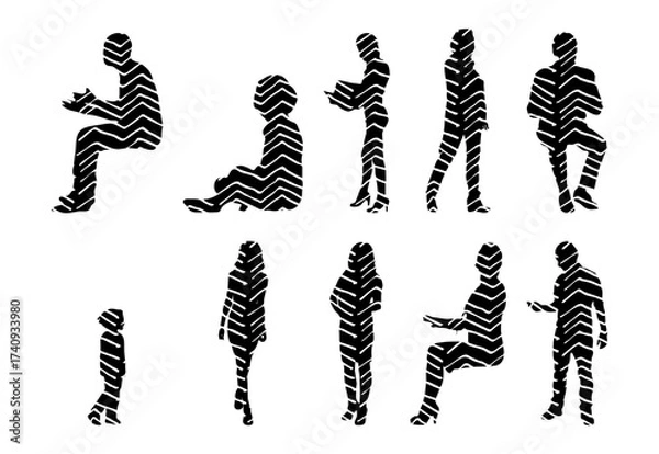 Fototapeta Vector illustration, Outline silhouettes of people, Contour drawing, people silhouette, Icon Set Isolated , Silhouette of sitting people, Architectural set