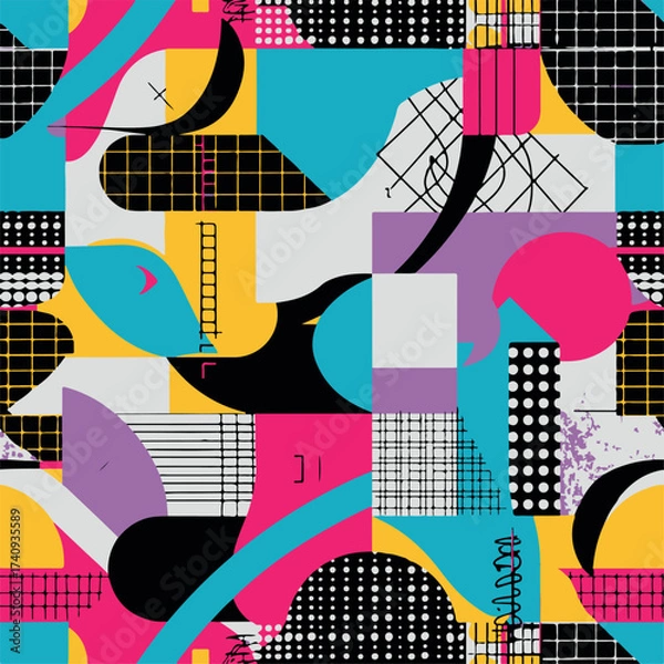 Fototapeta Abstract Geometric Seamless Pattern with Retro Shapes Colorful 80s Memphis Style Background	