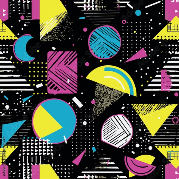 Fototapeta Abstract Geometric Seamless Pattern with Retro Shapes Colorful 80s Memphis Style Background	