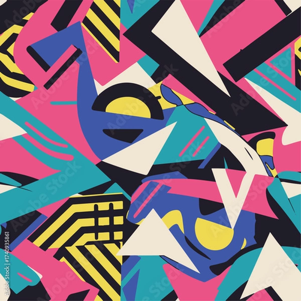 Fototapeta Abstract Geometric Seamless Pattern with Retro Shapes Colorful 80s Memphis Style Background	