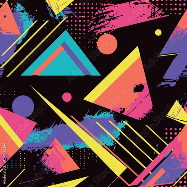 Fototapeta Abstract Geometric Seamless Pattern with Retro Shapes Colorful 80s Memphis Style Background	