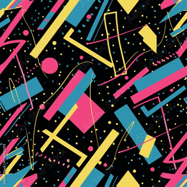 Fototapeta Abstract Geometric Seamless Pattern with Retro Shapes Colorful 80s Memphis Style Background	