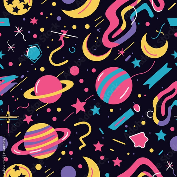 Fototapeta Abstract Geometric Seamless Pattern with Retro Shapes Colorful 80s Memphis Style Background	