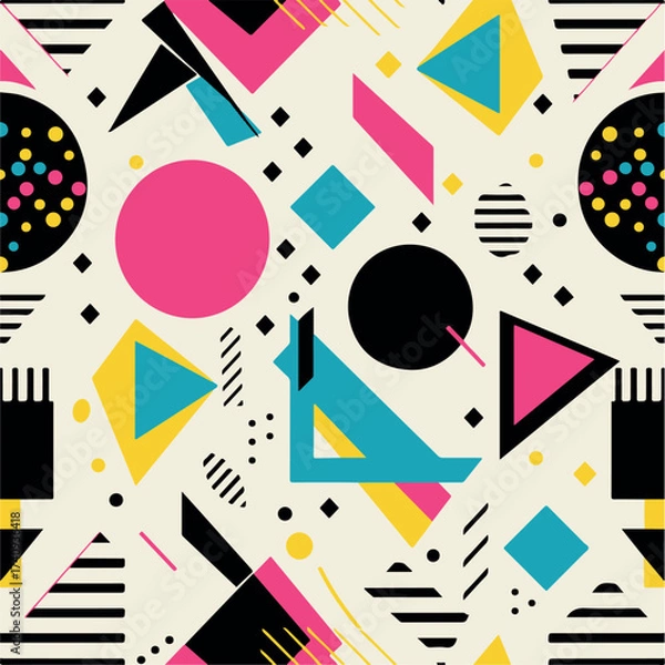 Fototapeta Abstract Geometric Seamless Pattern with Retro Shapes Colorful 80s Memphis Style Background	